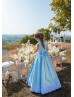 White Lace Sky Blue Satin Box Pleated Classic Flower Girl Dress